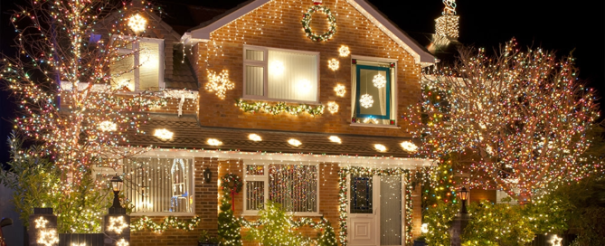 Happy & Bright Holidays! Christmas lights on a home.