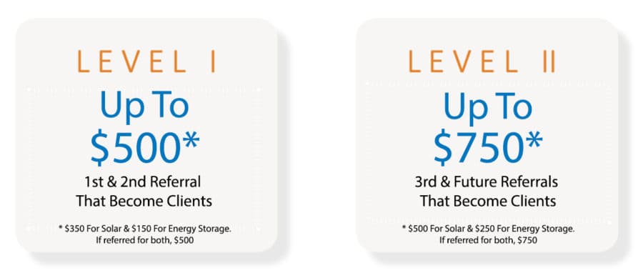 Level 1 Up to $500 1st & 2nd Referral That Become Clients. Level 2 Up to $750 3rd & Future Referrals that Become Clients.