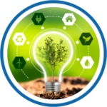 Clear light bulb image on top of the ground with a tree growing inside, surrounded by environmentally friendly icons.