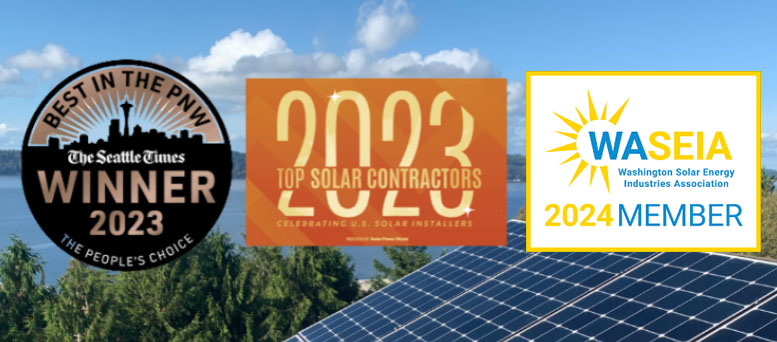 logos of Sunergy awards with the 2023 The Seattle Times Best In The PNW, 2023 Top Solar Contractors, and 2024 WASEIA Member.