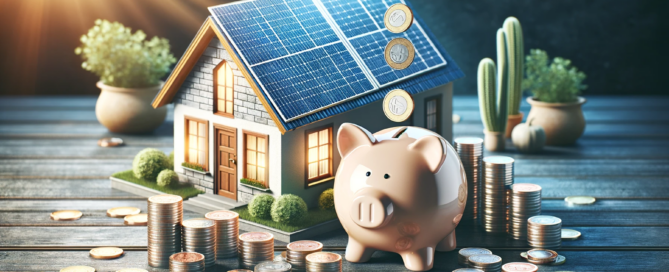 Image of a house with solar array on roof with a large pig surrounded by stacks of coins to represent savings