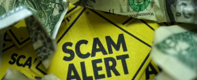 Scam alert warning with crumpled dollar bills - Sunergy Systems cautions against fraudulent schemes