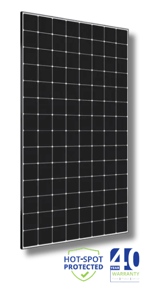 Angled view of Maxeon high-efficiency solar panel featuring Hot-Spot Protection and a 40-year warranty.