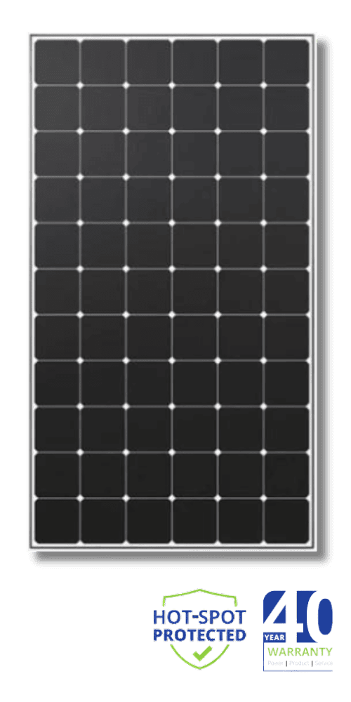 Front view of Maxeon high-efficiency solar panel with Hot-Spot Protection and 40-year warranty.