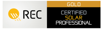 REC Gold Certified Solar Professional badge with 25-year product warranty for Sunergy Systems.